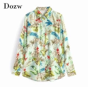 Boho Drukuj Z Długim Rękawem Satin Bluzka Kobiety Odwróć Kołnierz Plaża Plaża Damskie Topy Luźna Koszula Mody Tunika Blusas Mujer XS-L 210515