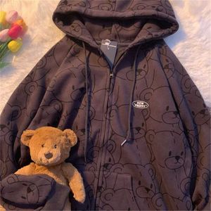 Vintage Z Długim Rękawem Kapturem Sweetshirt Ubrania Kobiety Moda Zip Up Cute Bear Bluzy Jesień Zimowy Płaszcz Loose Harajuku Top 210927