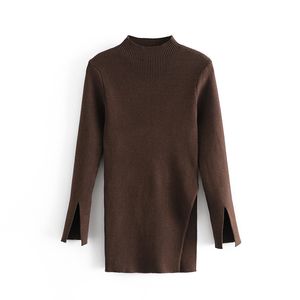 Fall Brown Long Knit Ladies Tops Autumn Clothes Women Collar Blouse Ribbed Trim Pullover Slim Woman Sweaters Sleeve 210430