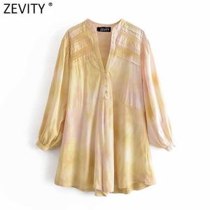 Zevity Women Fashion V Neck Lace Patchwork Design Tie Dye Printing Playsuits Kvinna Shorts Siamese Chic Casual Rompers P1096 210603