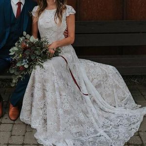 Cheio de renda babados bainha boho vestidos 2021 país colher pescoço boné mangas sexy sem costas casamento vestidos de noiva 328 328