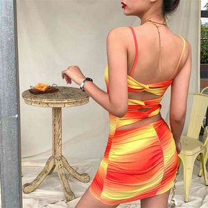 OMSJ Night Dress Women Tie Dye Orange Draped Mini Dresses Spaghetti Strap Sexig Clubwear Backless Skinny Sommar Vestido 210517