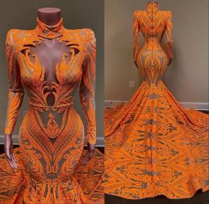 Orange Mermaid Prom Klänningar Långärmade Djup V Neck Sexig Sequined Applique African Black Girls Fishtail Evening Wear Dress Plus Size CG001