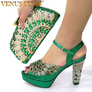 Sandals Dress Shoes Pumps New Green with Print Desgin Shoes and Evening Bag Set Sandal Handbag Heel Height cm