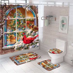 Realistic Christmas Window Polyester Shower Curtain Bathroom Festival Decoration Toilet Bath Mat Soft Rugs Carpet Home Supplies 211116