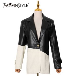 TWOTWINSTYLE PU Leather Hit Color Blazer per le donne Blazer casual a maniche lunghe con intaglio Abbigliamento moda autunno femminile 210517