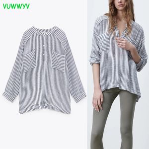 Summer Cotton Casual Oversized Striped Shirts for Women Front Pockets Button Up Shirt Woman Long Sleeve Plus Size Tops 210430