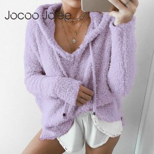 Jocoo Jolee Autunno Morbido Pile Donna Felpa Femminile Fluffy Mohair Causale Coulisse Pullover Tuta Top Felpe con cappuccio 210518