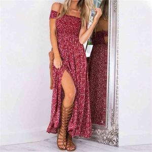 Sexig strapless strand sommarklänning SUNDRESSES VINTAGE BOHEMIAN MAXI ROBE FEMME BOHO Floral Women Split Long Es Vestido 210623