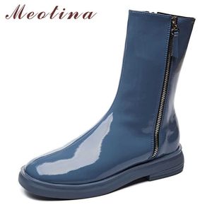 Meotina Winter Ankle Boots Women Natural Genuine Leather Flat Short Boots Zipper Round Toe Shoes Ladies Autumn Blue Size 34-39 210608