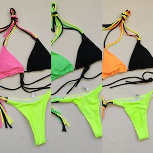 Brasileiro Patchwork Bikini Set Triângulo Micro Swimsuit String Cintura Lower Swimwear Mulheres Halter BacklBathing Terno Sexy Biquinix0523