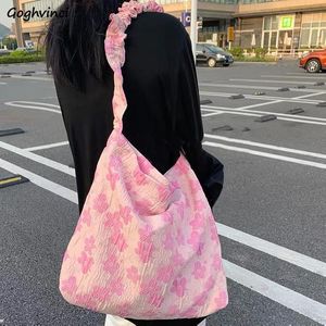 Kvinnor Floral axelväskor Canvas veckade stora kapacitet Studenter Cross Body Book Hasp Totes Leisure Sweet Korean Pink Pouch Bag Evening