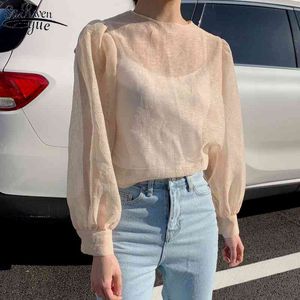 Mesh Top Micro-Penetration Tops Long Sleeve Women's Shirt See Through Sexy Blouse Women Vintage and 14339 210427