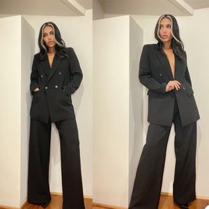 Freizeit Schwarz Frauen Anzüge Zweireiher Abend Party Prom Blazer Büro Dame Outfit Smoking 2 Stück (Jacke + Hosen)