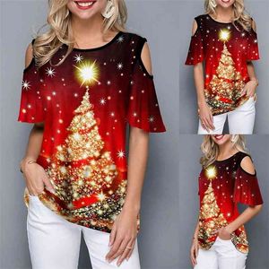Autumn New Christmas Shirt Kobiety swobodne mody świąteczne drzewa wygodne luźne w stylu drukowanym T-shirt żeńska mujer camisetas 210324
