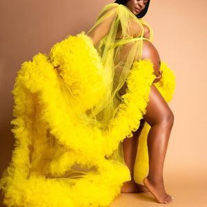 African Yellow Maternity Dress Robes för fotografering eller baby shower Tulle Chic Women Prom Gowns Plus Storlek Långärmad Fotografi Robe Party Dresses