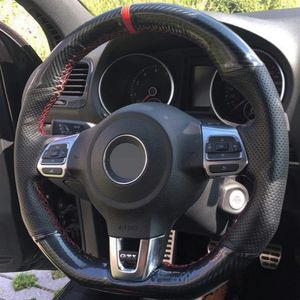 Coprivolante per auto cucito a mano in pelle nera antiscivolo in fibra di carbonio per Volkswagen Golf 6 GTI MK6 / Polo GTI / Scirocco R