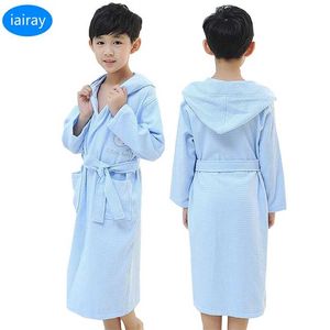 kids cotton bathrobe boy hooded long robe children bathrobe for girls roupao blue long pajamas bath robe sleepwear night wear 211023