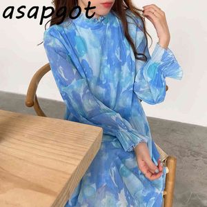 Chic Korean Loose Stand Collar Blue Tie-Dye Bläck-Skriv ut Pläterad Ruffled Chiffon Dress Kvinnor Lång Elegant Fashion Vestidos Mujer 210429