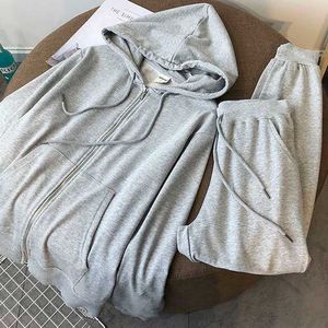 Spring and autumn suit zipper hooded sweater women's Korean loose harem pants sports leisure two-piece thin section 210526