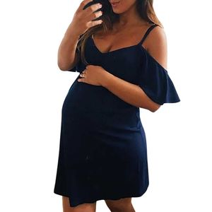 4# Moderskap Kvinnor Ruffles klänningar gravida V-Neck Nursing Maternity Solid Dress Spaghetti Strap Dress Vestido Embasazada