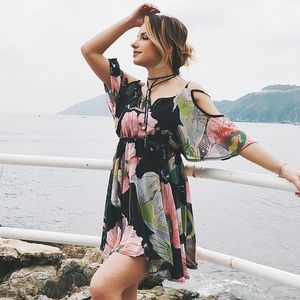 Off Ombro babados Imprimir Chiffon Mini Dress Mulheres Strap Manga Butterfly Backless Sexy Verão Verão Vestido Plus Size Vestidos 210507