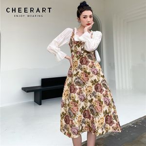 Vintage Fake 2 Piece Floral Jacquard Long Sleeve Dress Women Flare Square Neck A Line Ladies Fashion 210427