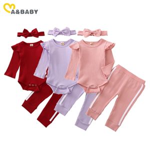 0-18M Autumn Winter Infant born Baby Girl Clothes Set Knitted Romper Pants Headband Outfits Soft Costumes 210515