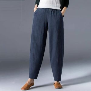 Spring Summer Women Pants Plus Size Loose Casual Harem Elastic Waist Pocket Cotton Linen Vintage Ladies Trousers D61 210512
