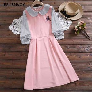 Japoński Preppy Style Jesień Wiosna Kobiety Mini Dress Peter Pan Collar Pink Navy Blue Femme Robe Bow Striped Kawaii Student 210520