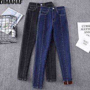 Dimanaf kvinnor cothing jeans oversize bomull denim penna pants fleece elastiska midja mode dam skinny byxor höst vinter 211129