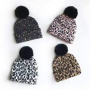 Children Leopard Knitting Hats Fall Winter New Kids Big Black Pompom Hat Beret Fashion Boys Girls Warmer Beanie A4100 320 K2