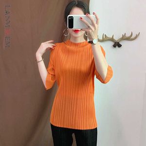 LANMREM Collo alla coreana arancione Maniche corte pieghettato sciolto Plus T-shirt donna Casual Wild Simple Fashion 2021 autunno New TV736 X0628