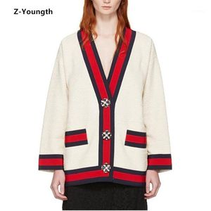 Women s Sweaters Fashion Women White Pearl Button Pocket Red Black Hit Color V Neck Loose Cardigans Knitting Casual Sweater