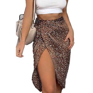 Vintage Dot Print Midi Röcke Frauen Hohe Taille Spitze Up Party Rock Sommer Sexy Split Wrap Hüfte Rock Damen Asymmetrie röcke 210507