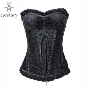 Corstory Black Brocade Lace Corset With Trimed Overbust Steel Boned Waist Cincher Bustier Steampunk Victorian Push Up Bodyshaper