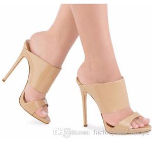 여성 하이힐 샌들 2021 금속 로즈 골드 특허 가죽 뮬 누드 발 뒤꿈치 홍당무 여름 신발 숙녀 파티 신발 플러스 사이즈