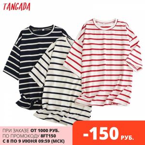 Tangada Kobiety Paski Bawełniane T Shirt Krótki Rękaw O Neck Tees Damska Koszulka Koszulka Uliczna Nosić Top 6L42 210609