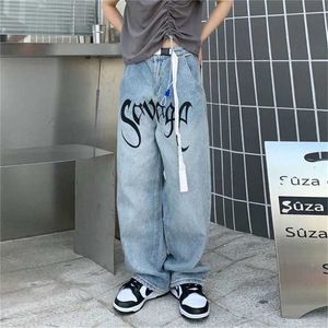 Amerikanska streetwear jeans hip-hop bokstäver tryckta lösa bälte byxor män retro hong-kong stil bredben mopping baggy y2k byxor 211120