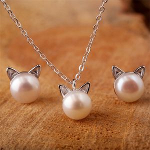 Creative Simple Craft Cute Animal Sterling Silver Jewelry Small Cat Hollow Pierced Pearl Female Earrings SE64 B3