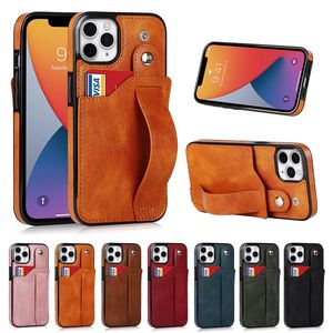 Premium Leather Wrist Strap Band Card Slot Kickstand Phone Fodral för iPhone 13 12 Mini 11 Pro Max XR XS 7 8 Plus Samsung S20 Plus S21 S22 Not 20 Ultra A52 Plånbok