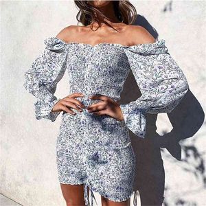 Na moda Pescoço quadrado Posquia Floral Dress Mulheres Manga Longa Bodycon Mini Vestido Boho Beach Vestido para Meninas Party Roupas 210806