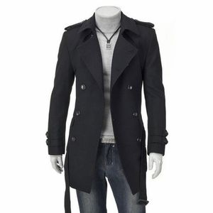 Solid Trench Coat Men Lång Slim Bälte Jacka Mens Casual Varm Koreansk stil Överrockar Dubbelbröst Windbreaker Man Coats 210524