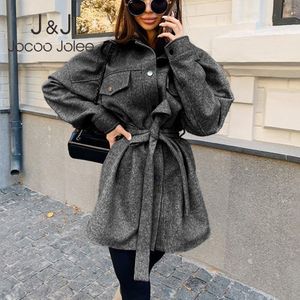 Woolen Oversized Bat Sleeved Women Blouse Coat Loose Casual Lady Jacket Outwear With Belt Sashes Springfickor Koreansk stil 210518