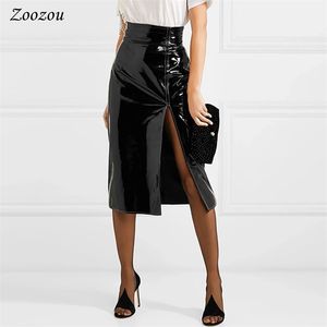 Sexy Black Split Slit Patent Leder MIDI Rock Frauen Hohe Taille Knielange PVC Rock Elegante Büro Lady's Latex Rock Custom 210724