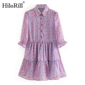 Women Chiffon Mini Dresses Ruffle Long Sleeve Floral Print Casual Turn Down Collar Chic Ladies Shirt 210508