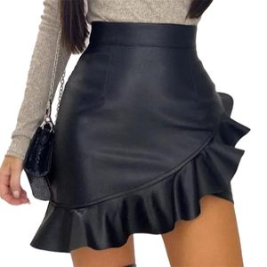Sexy Bodycon Skirt PU Partido De Couro Moda Sólida Irregular Faux Feminino Ruffles Lápis D30 210621