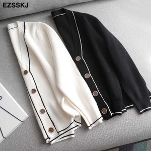 Vit svart fast sweater cardigans jacka damer kvinnor tjock tröja kappa v-nacke cardigan jacka coat outwear 210714