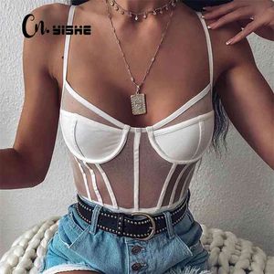 CNYISHE Mesh See-through Sexy Bodysuit Women Rompers Summer Casual Slim Streetwear Outfits Bodycon Bodies Ladies Jumpsuits 210728