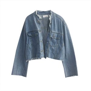 Talvez U Mulheres Curto Cropped Jeans Blue Jacket Botão Frente Manga Longa Jaquetas Jean Stand Colar C0006 210529